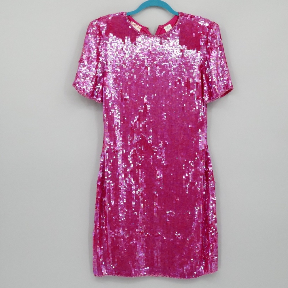 Vintage Scarlet Rage 80's Silk Sequin Dress Womens S Pink‎ Party Cocktail Event